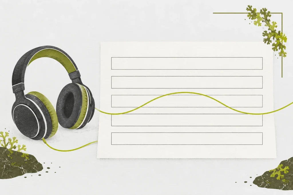 Headphones beside a blank five-pass listening worksheet.
