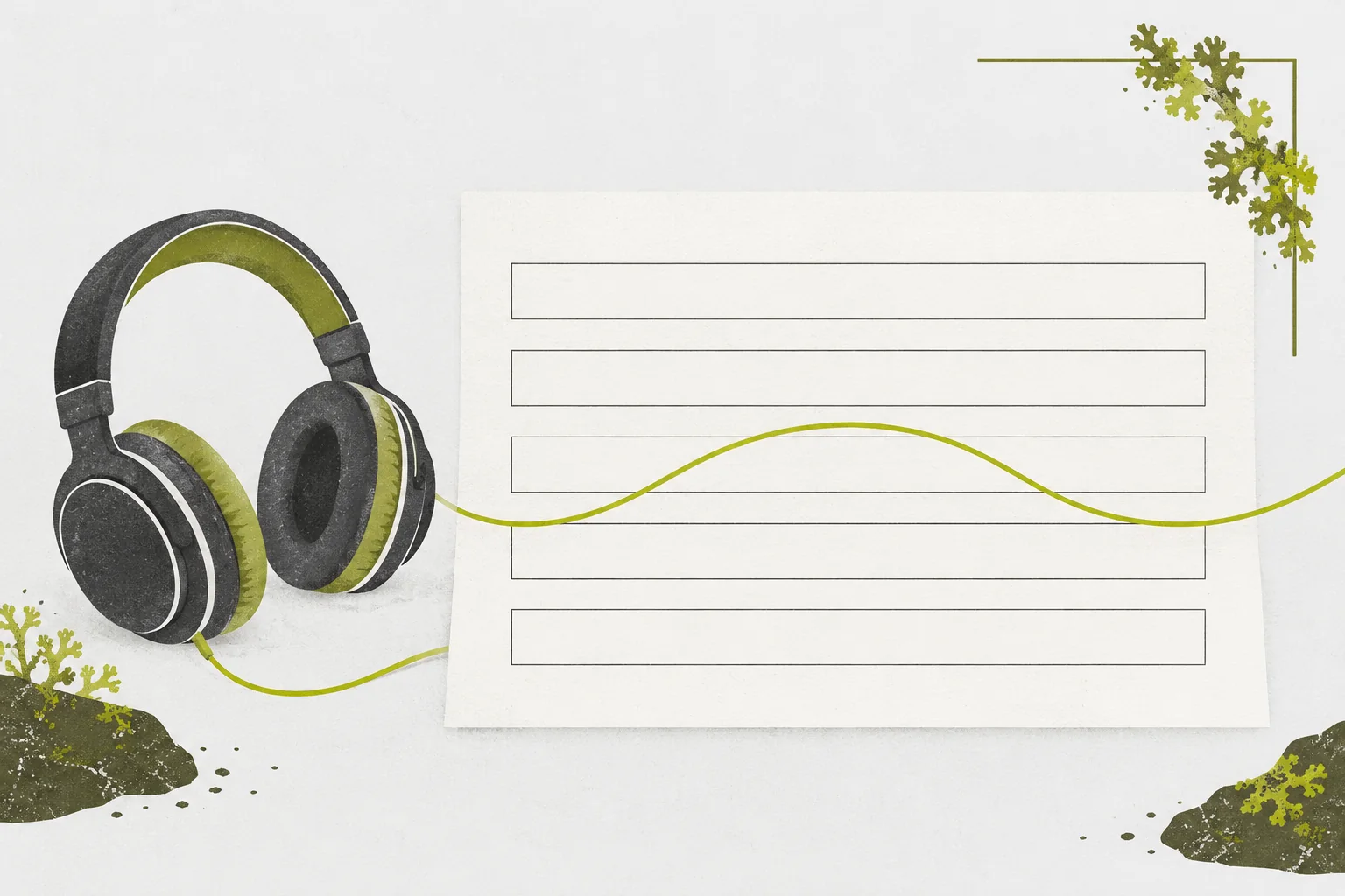 Headphones beside a blank five-pass listening worksheet.