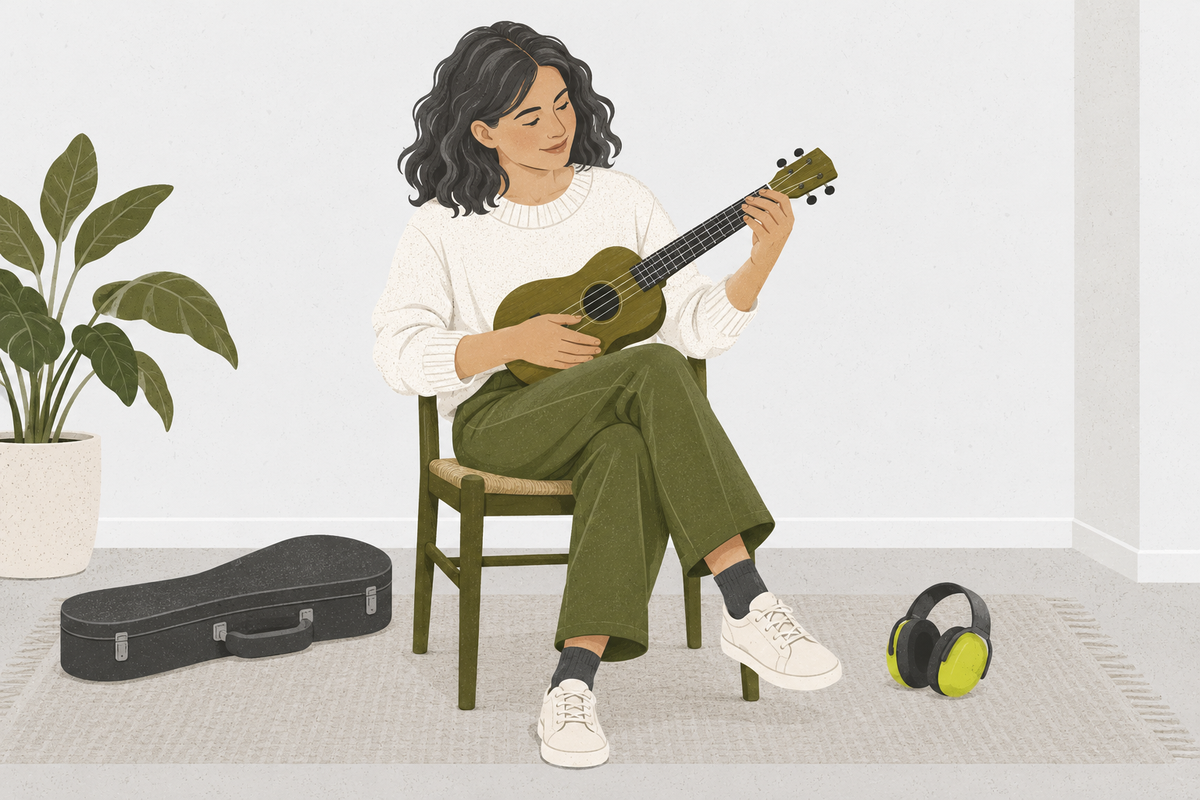 An adult beginner checks the comfortable fit of a small stringed instrument while seated.