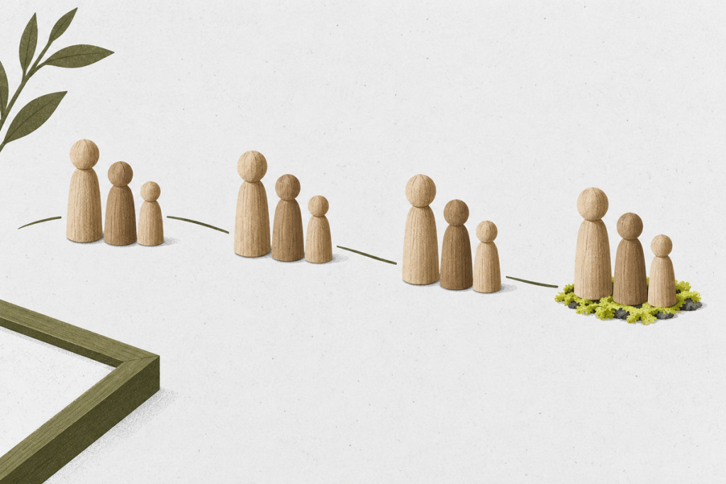 Four groups of three wooden pegs follow a curved path toward a highlighted final group.