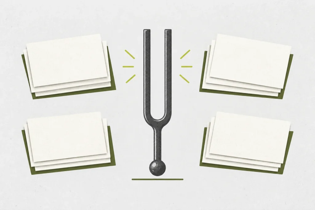 Blank index cards grouped beside a tuning fork on a calm practice surface.
