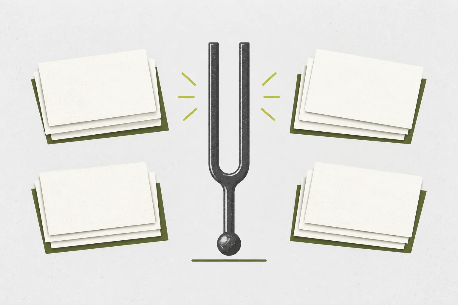 Blank index cards grouped beside a tuning fork on a calm practice surface.