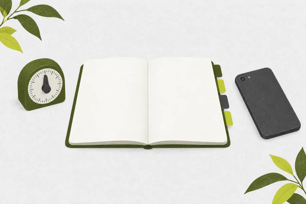Blank tabbed practice notebook beside a small timer and phone recorder.