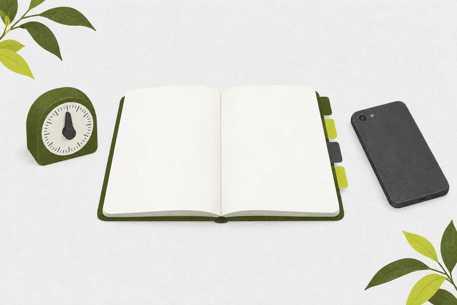 Blank tabbed practice notebook beside a small timer and phone recorder.