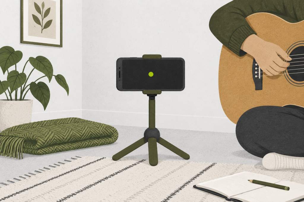 An unbranded phone records an acoustic instrument in a simple home practice corner.
