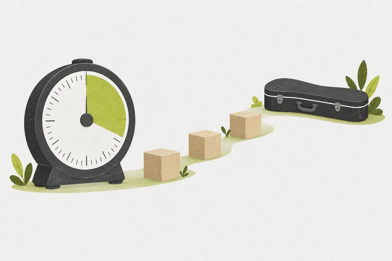 Analog practice timer beside a rising path of plain blocks leading to an instrument case.