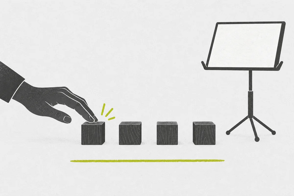 A hand tapping four evenly spaced blocks beside a blank music stand.