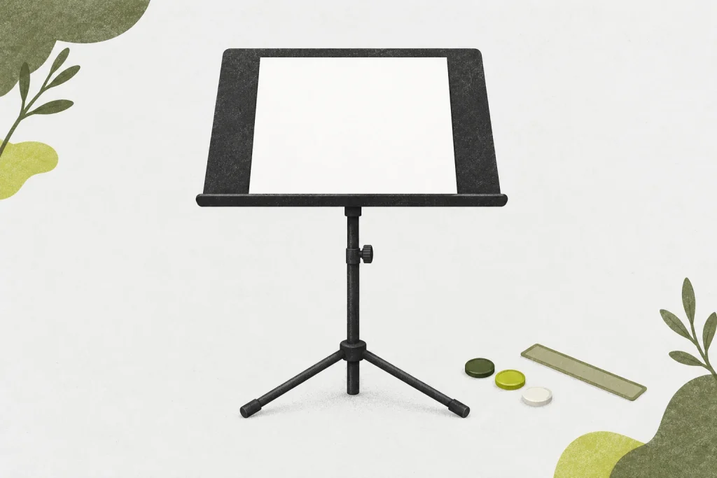 Music stand with a blank practice sheet and three plain reading markers.