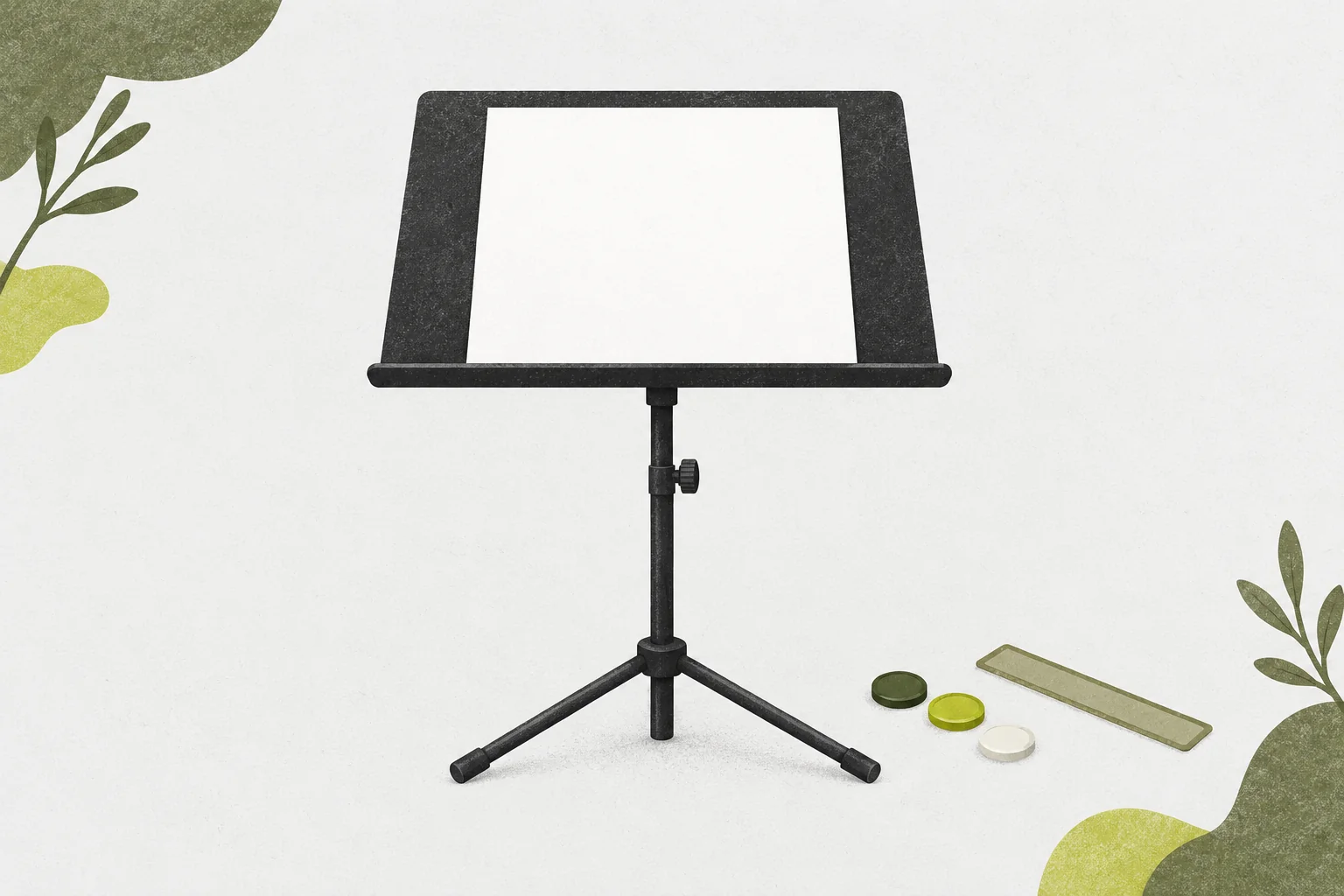 Music stand with a blank practice sheet and three plain reading markers.