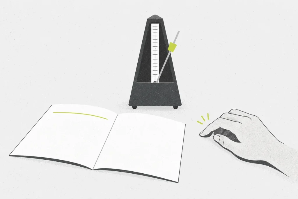 A mechanical metronome beside a tapping hand and an open blank practice sheet.