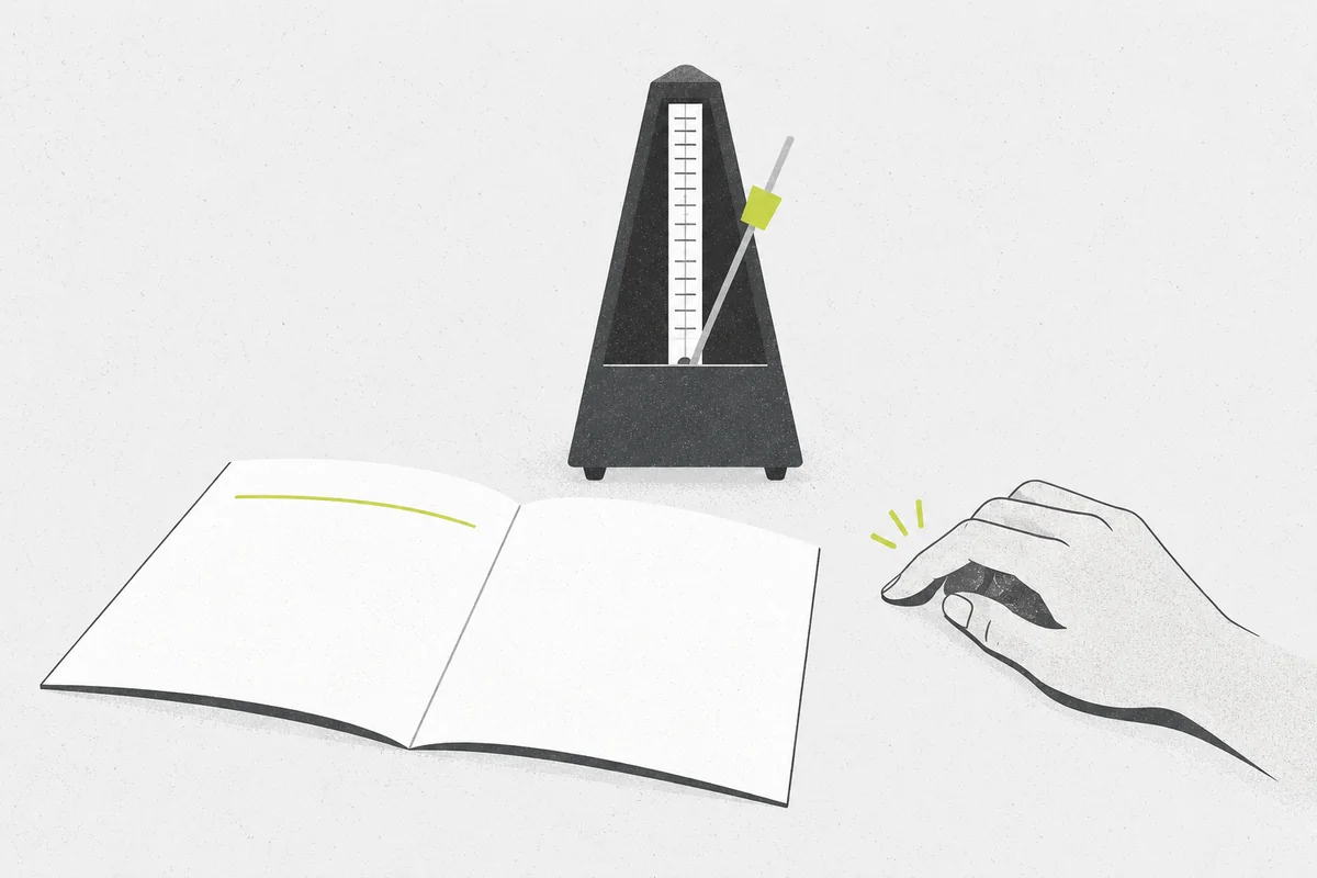 A mechanical metronome beside a tapping hand and an open blank practice sheet.