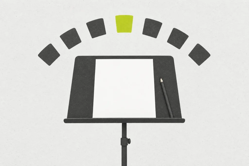 A blank music stand and pencil beneath an arc of seven unlabeled tabs.