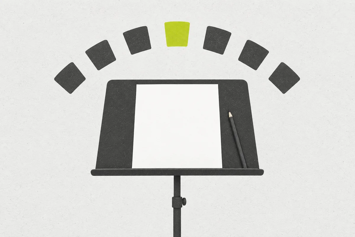 A blank music stand and pencil beneath an arc of seven unlabeled tabs.
