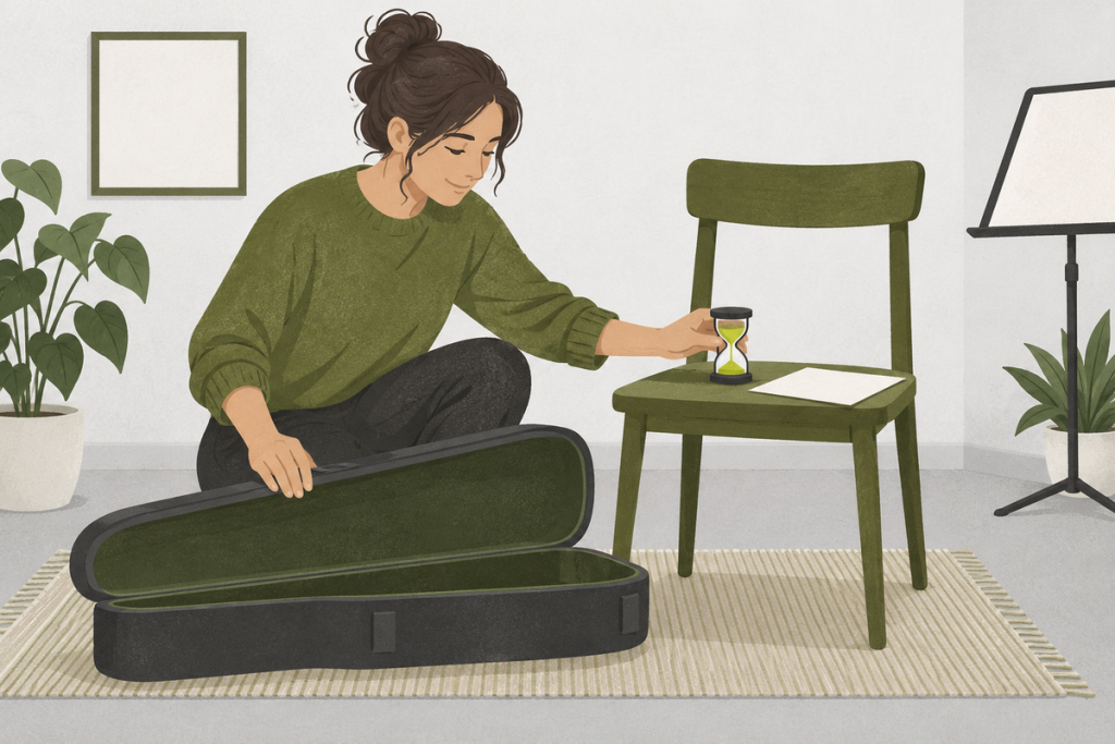 An adult reopens an instrument case and sets a small sand timer for a fresh start.