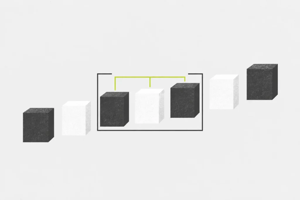 Seven rising blocks with three alternating blocks grouped inside an open frame.