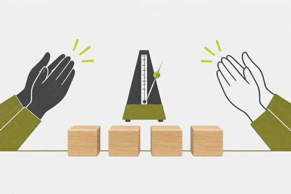 Two hands echoing a short rhythm beside four pulse blocks.