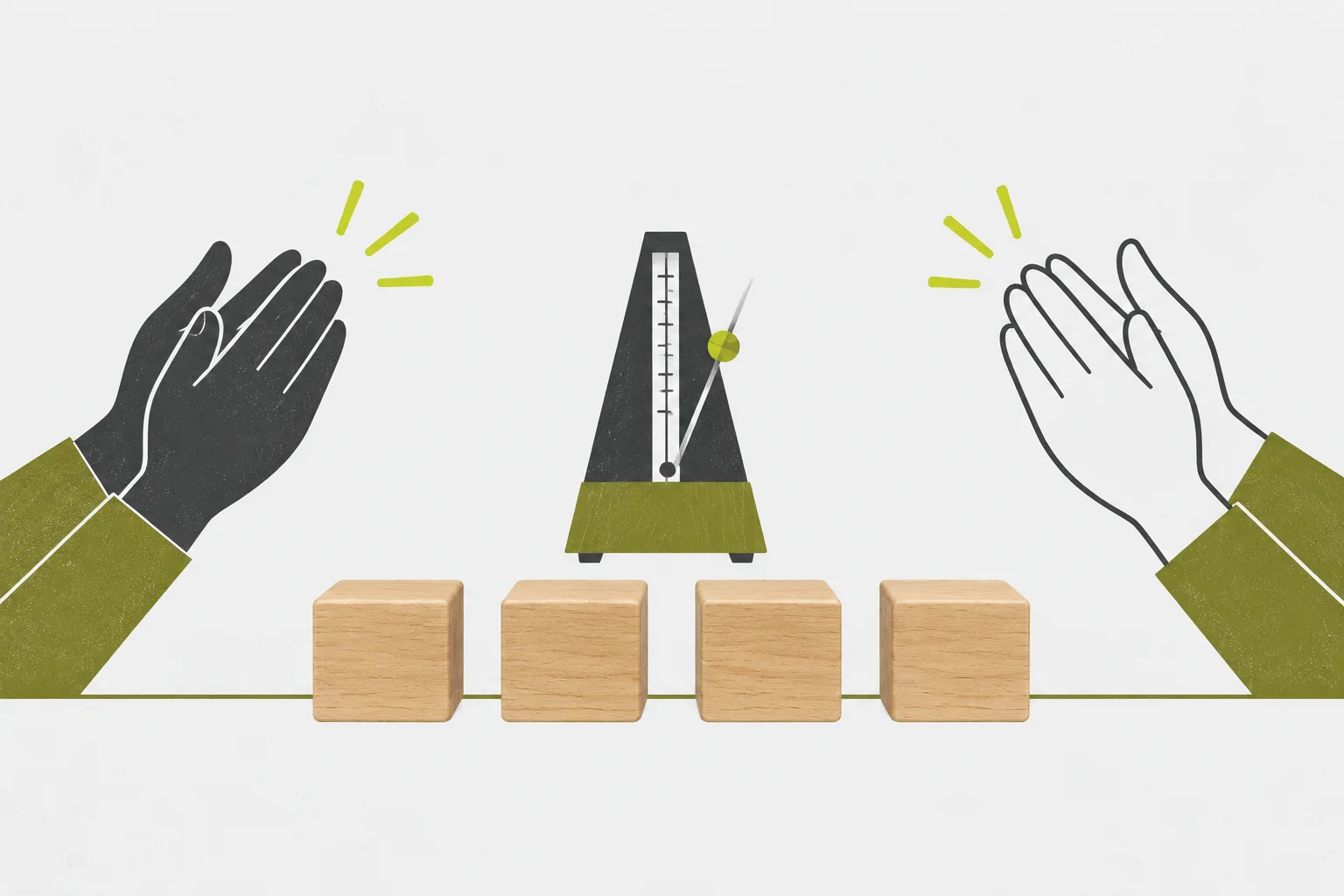 Two hands echoing a short rhythm beside four pulse blocks.