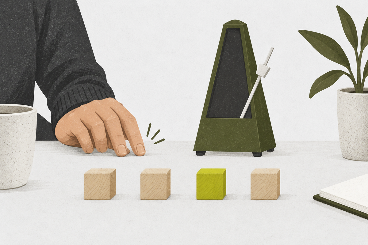 A hand taps beside a blank metronome and four evenly spaced wooden blocks.