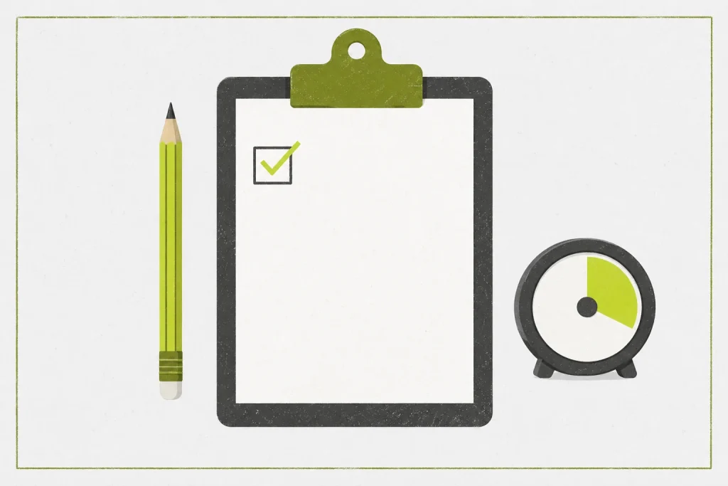 Blank practice-goal card with pencil, timer, and one checked block.