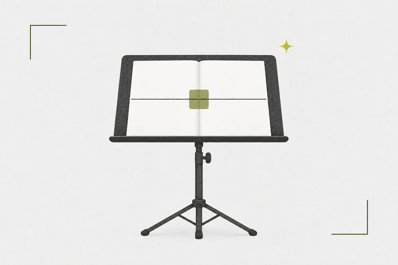Open music stand with a two-layer practice sheet and an olive reading guide.