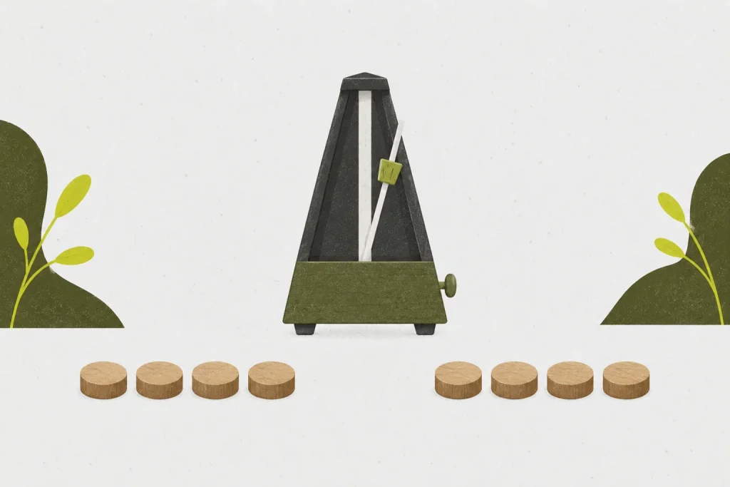 Mechanical metronome beside two groups of plain beat tokens.