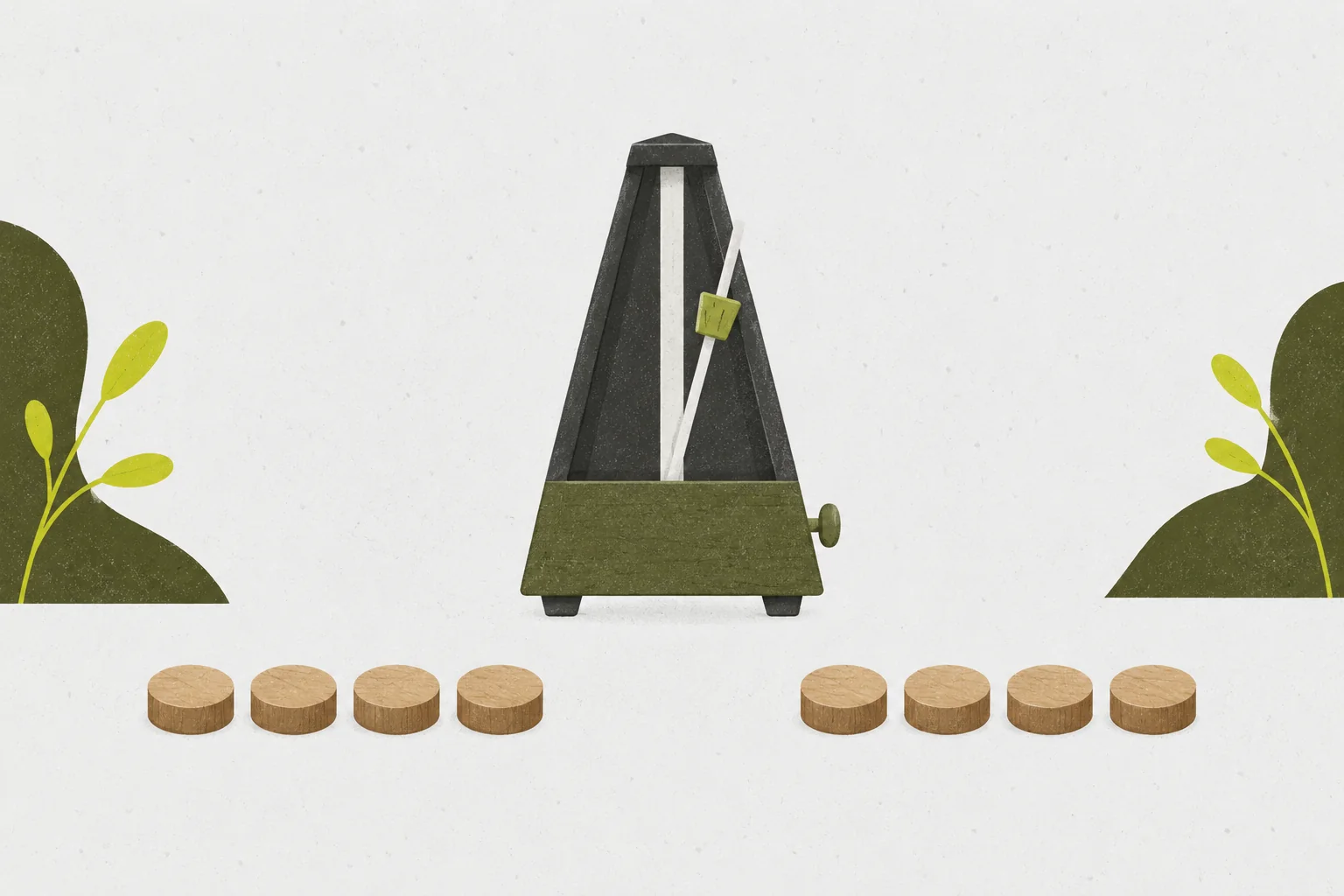 Mechanical metronome beside two groups of plain beat tokens.