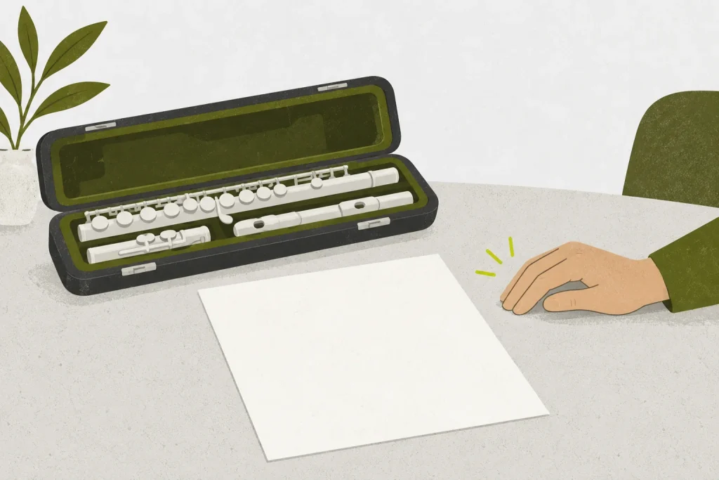 Open instrument case beside a blank practice sheet and a hand marking a steady pulse.
